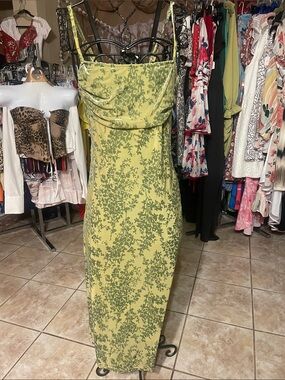 Sleeveless Green Patterned Midi Slip Dress - Women's